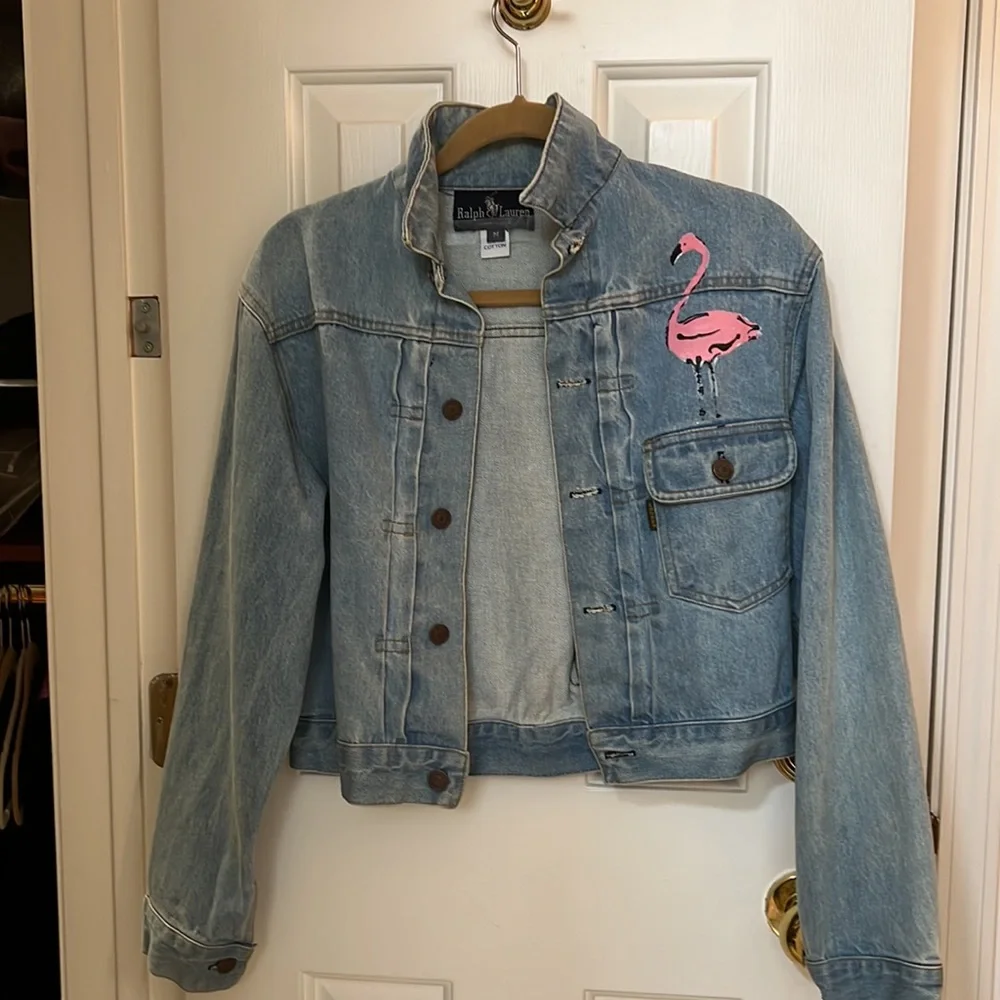 Ralph Lauren Light Blue Denim Jacket with Pink Flamingo Patch - Picture 1 of 9